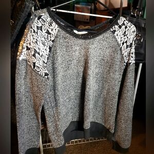 Women's Miss Me Gray Sweater with Lace Detail